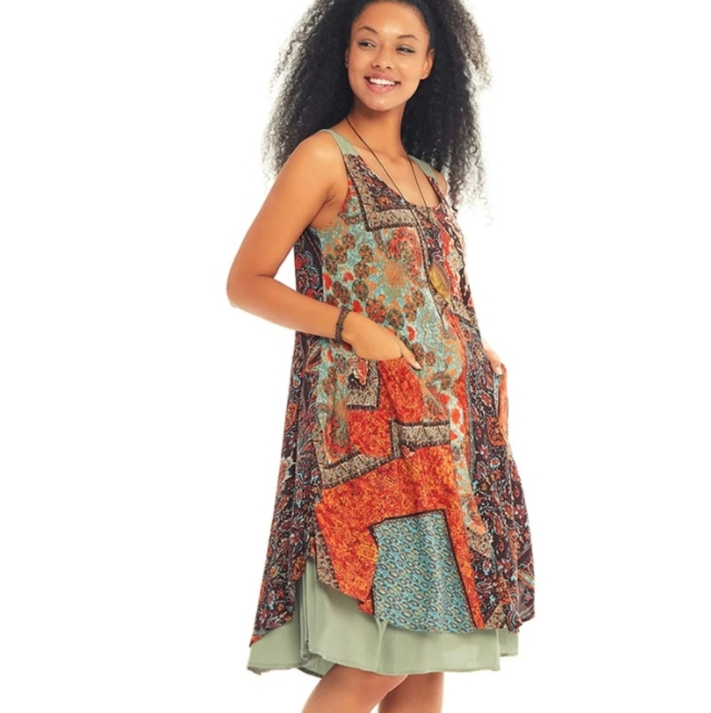 Losbanditos Sundress Brown Print Front Pocket Detail